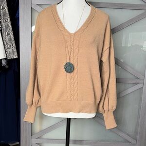 V-Neck Cable Knit Sweater - Tan